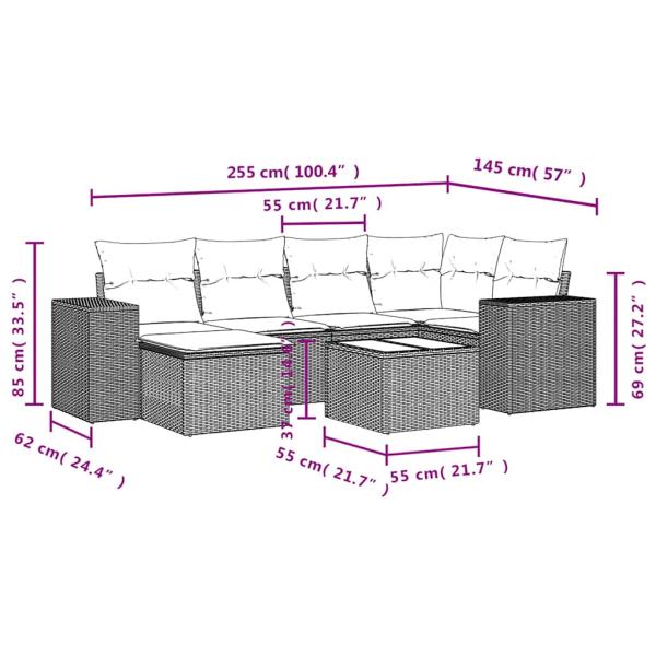 7-teiliges Gartensofa-Set mit Kissen, schwarzes Polyrattan