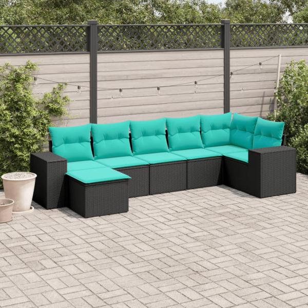 ARDEBO.de - 7-teiliges Gartensofa-Set mit Kissen, schwarzes Polyrattan
