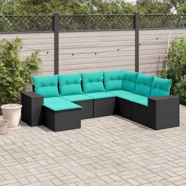 ARDEBO.de - 7-teiliges Gartensofa-Set mit Kissen, schwarzes Polyrattan