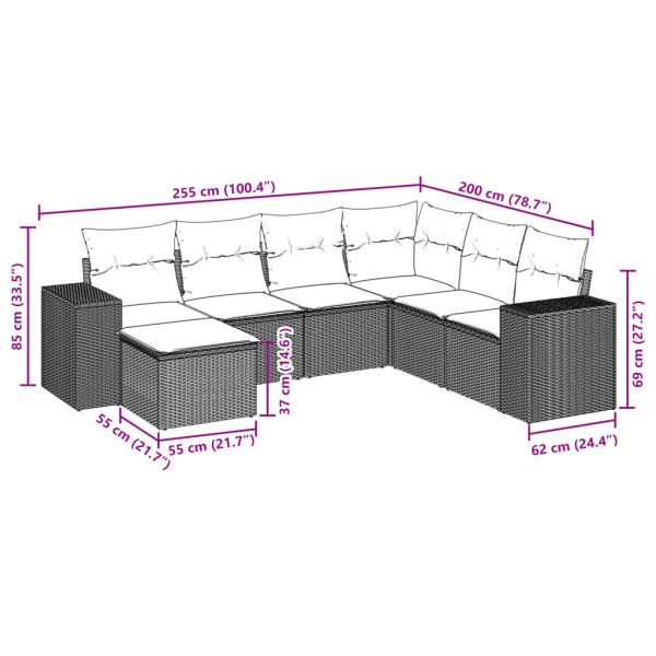 7-teiliges Gartensofa-Set mit Kissen, schwarzes Polyrattan