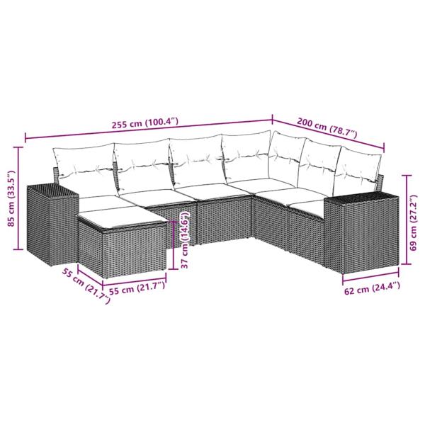 7-teiliges Gartensofa-Set mit Kissen, grau, Polyrattan
