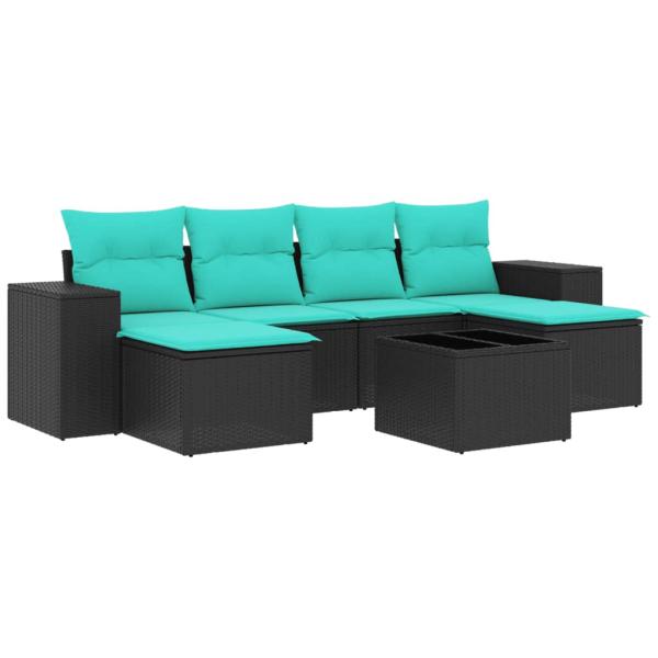 7-teiliges Gartensofa-Set mit Kissen, schwarzes Polyrattan
