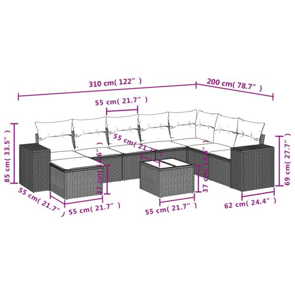 9-teiliges Gartensofa-Set mit Kissen, schwarzes Polyrattan