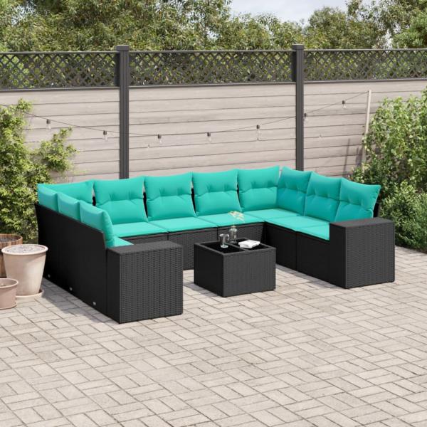 ARDEBO.de - 10-teiliges Gartensofa-Set mit Kissen, schwarzes Polyrattan
