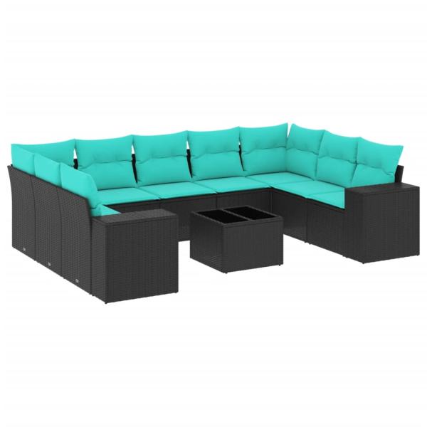 10-teiliges Gartensofa-Set mit Kissen, schwarzes Polyrattan