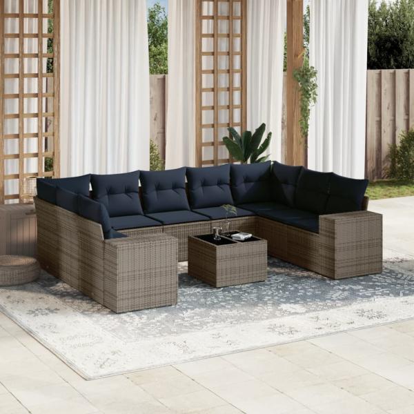 ARDEBO.de - 10-teiliges Gartensofa-Set mit Kissen, grau, Polyrattan