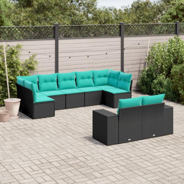 ARDEBO.de - 9-teiliges Gartensofa-Set mit Kissen, schwarzes Polyrattan