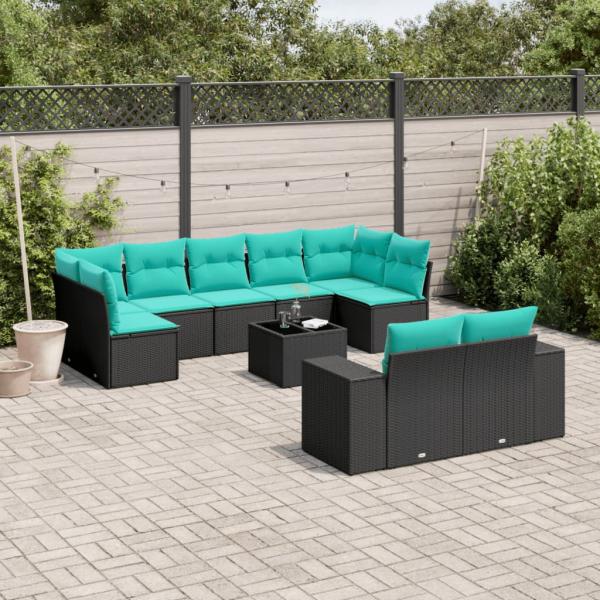 ARDEBO.de - 10-teiliges Gartensofa-Set mit Kissen, schwarzes Polyrattan