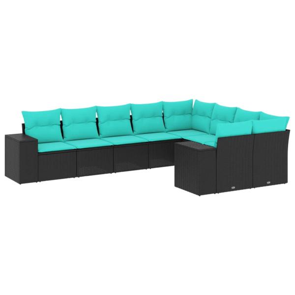 9-teiliges Gartensofa-Set mit Kissen, schwarzes Polyrattan