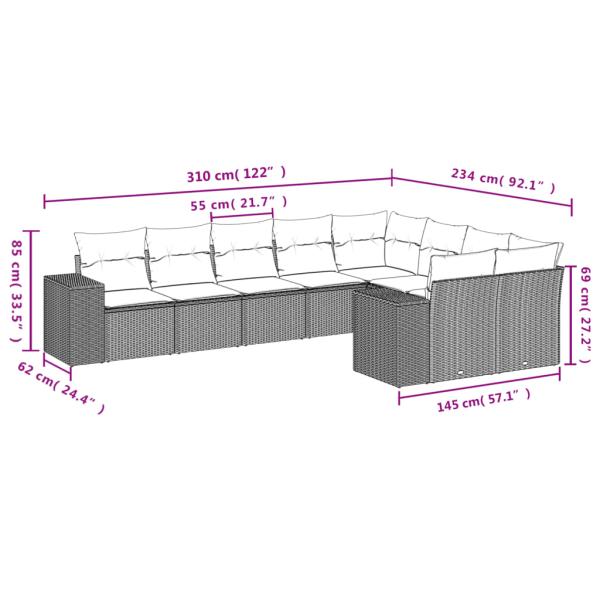 9-teiliges Gartensofa-Set mit Kissen, schwarzes Polyrattan
