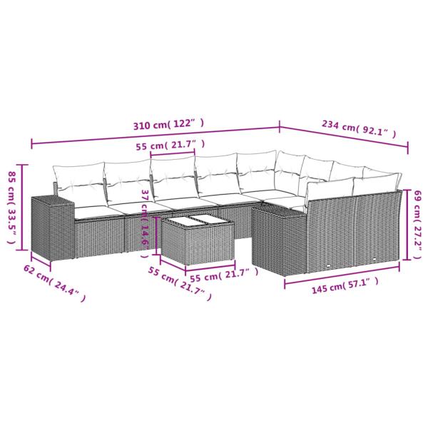 10-teiliges Gartensofa-Set mit Kissen, grau, Polyrattan