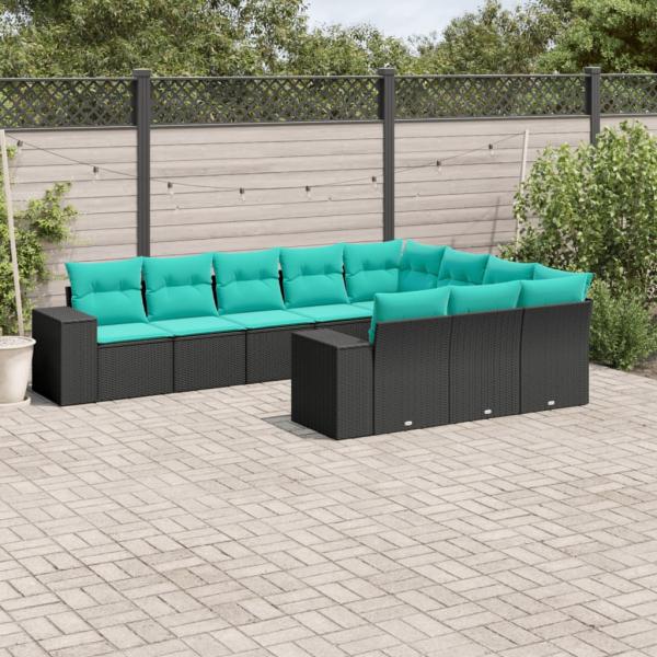 ARDEBO.de - 10-teiliges Gartensofa-Set mit Kissen, schwarzes Polyrattan