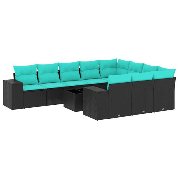 11-teiliges Gartensofa-Set mit Kissen, schwarzes Polyrattan
