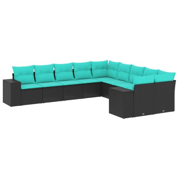 10-teiliges Gartensofa-Set mit Kissen, schwarzes Polyrattan