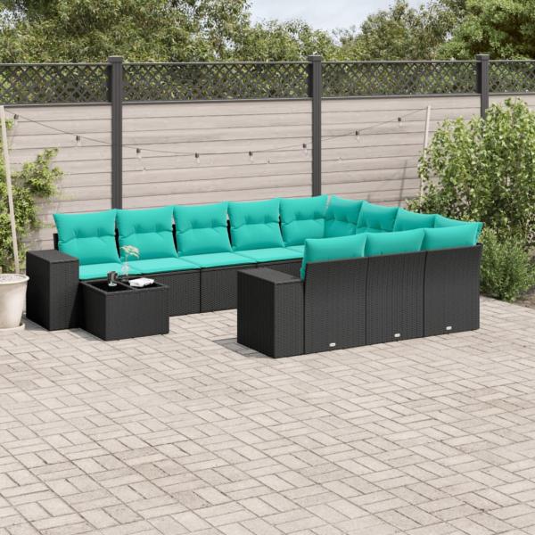 ARDEBO.de - 11-teiliges Gartensofa-Set mit Kissen, schwarzes Polyrattan