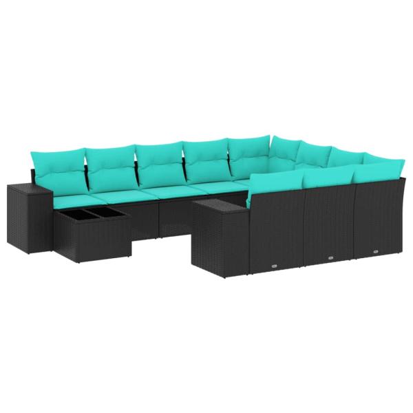 11-teiliges Gartensofa-Set mit Kissen, schwarzes Polyrattan