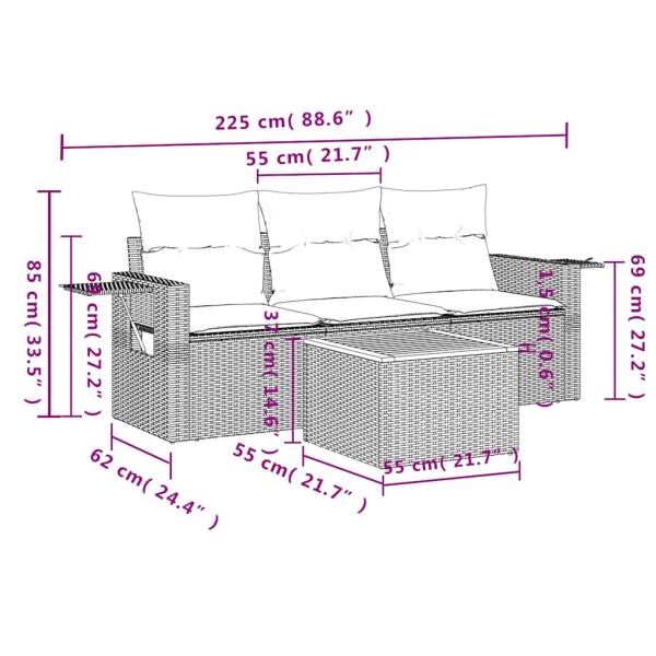 4-teiliges Gartensofa-Set mit Kissen, schwarzes Polyrattan