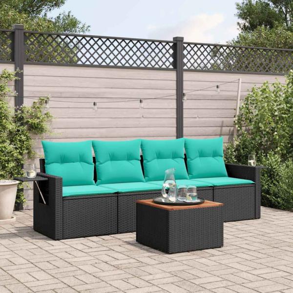 ARDEBO.de - 5-teiliges Gartensofa-Set mit Kissen, schwarzes Polyrattan
