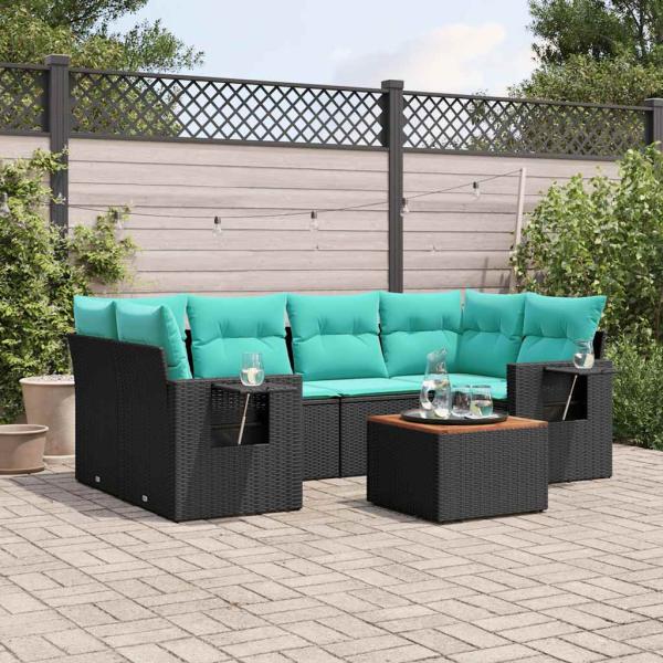 ARDEBO.de - 7-teiliges Gartensofa-Set mit Kissen, schwarzes Polyrattan