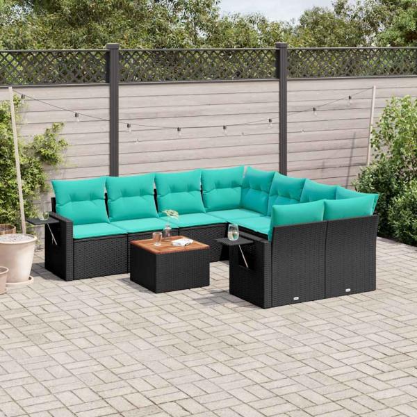 ARDEBO.de - 9-teiliges Gartensofa-Set mit Kissen, schwarzes Polyrattan