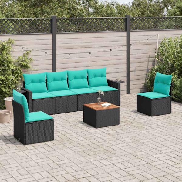 ARDEBO.de - 7-teiliges Gartensofa-Set mit Kissen, schwarzes Polyrattan