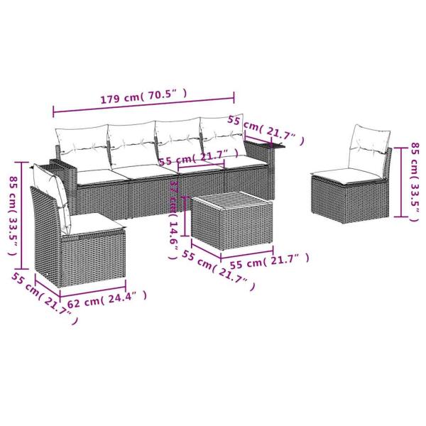 7-teiliges Gartensofa-Set mit Kissen, grau, Polyrattan