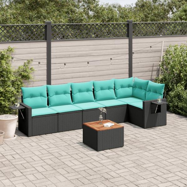ARDEBO.de - 7-teiliges Gartensofa-Set mit Kissen, schwarzes Polyrattan