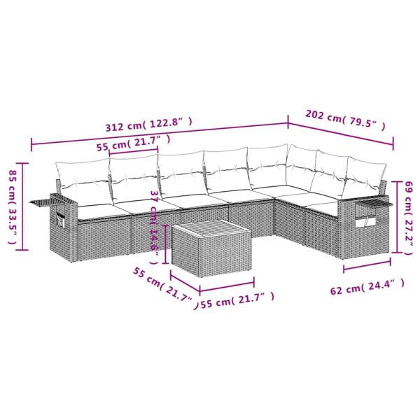 8-teiliges Gartensofa-Set mit Kissen, schwarzes Polyrattan