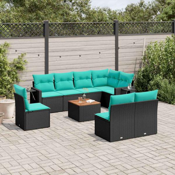 ARDEBO.de - 9-teiliges Gartensofa-Set mit Kissen, schwarzes Polyrattan