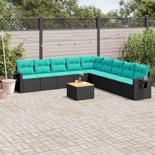 ARDEBO.de - 10-teiliges Gartensofa-Set mit Kissen, schwarzes Polyrattan