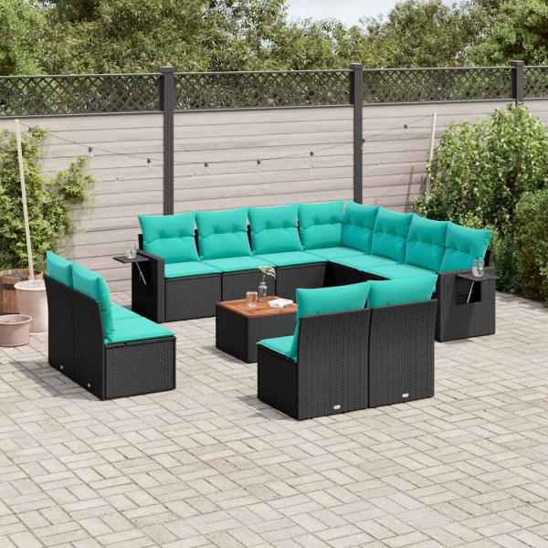 ARDEBO.de - 12-teiliges Gartensofa-Set mit Kissen, schwarzes Polyrattan