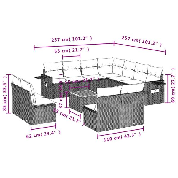 12-teiliges Gartensofa-Set mit Kissen, grau, Polyrattan