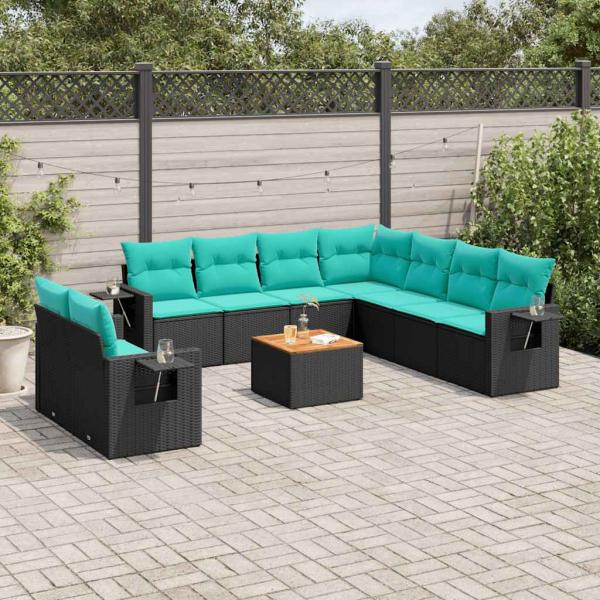ARDEBO.de - 10-teiliges Gartensofa-Set mit Kissen, schwarzes Polyrattan