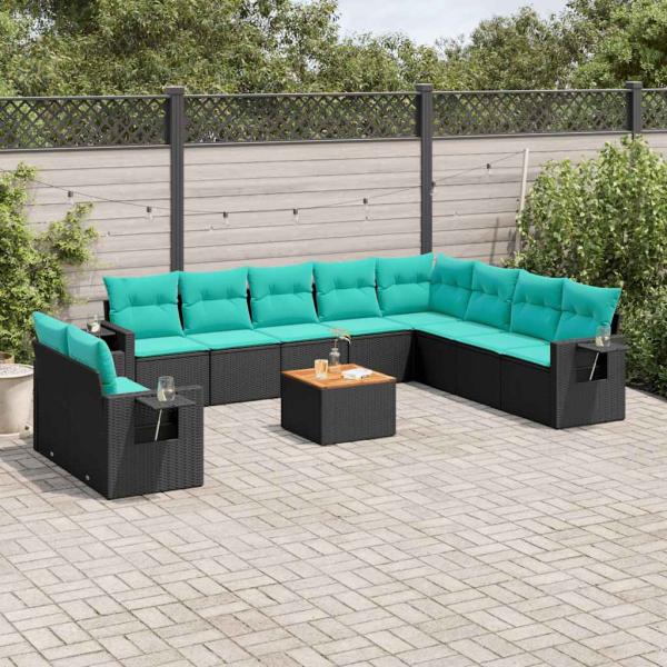 ARDEBO.de - 11-teiliges Gartensofa-Set mit Kissen, schwarzes Polyrattan