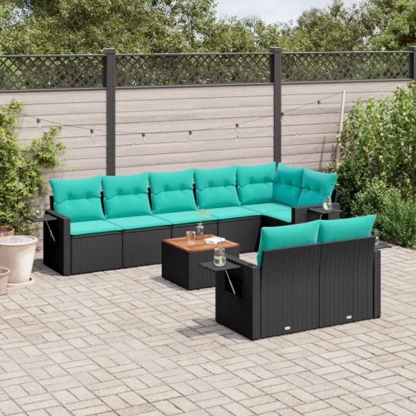 ARDEBO.de - 9-teiliges Gartensofa-Set mit Kissen, schwarzes Polyrattan