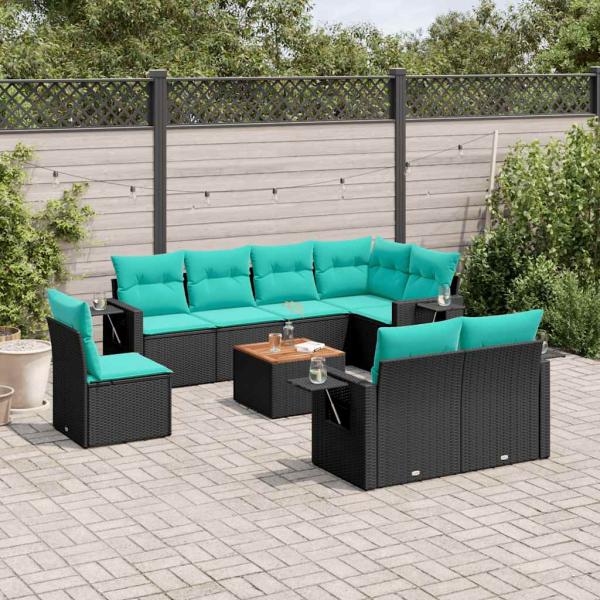 ARDEBO.de - 9-teiliges Gartensofa-Set mit Kissen, schwarzes Polyrattan