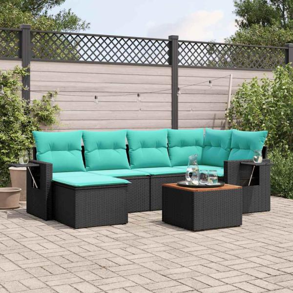 ARDEBO.de - 7-teiliges Gartensofa-Set mit Kissen, schwarzes Polyrattan
