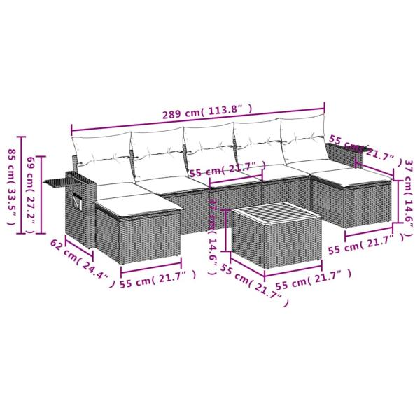 8-teiliges Gartensofa-Set mit Kissen, schwarzes Polyrattan