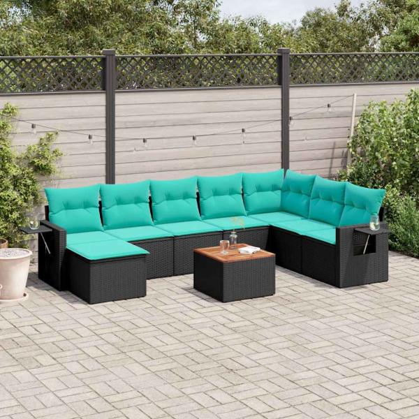 ARDEBO.de - 9-teiliges Gartensofa-Set mit Kissen, schwarzes Polyrattan