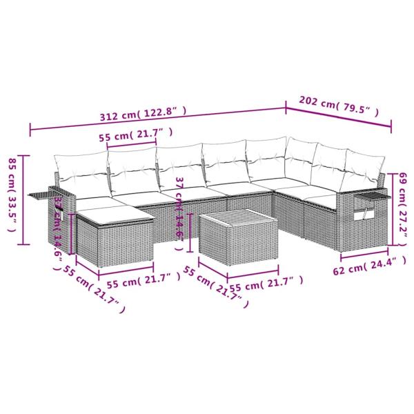9-teiliges Gartensofa-Set mit Kissen, schwarzes Polyrattan