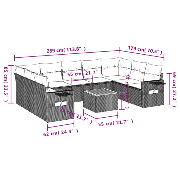 10-teiliges Gartensofa-Set mit Kissen, schwarzes Polyrattan