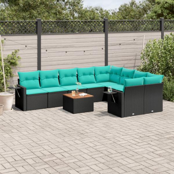 ARDEBO.de - 10-teiliges Gartensofa-Set mit Kissen, schwarzes Polyrattan