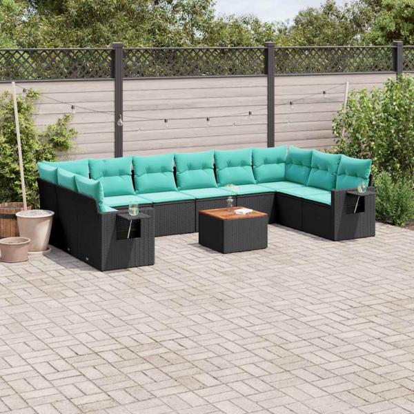 ARDEBO.de - 11-teiliges Gartensofa-Set mit Kissen, schwarzes Polyrattan