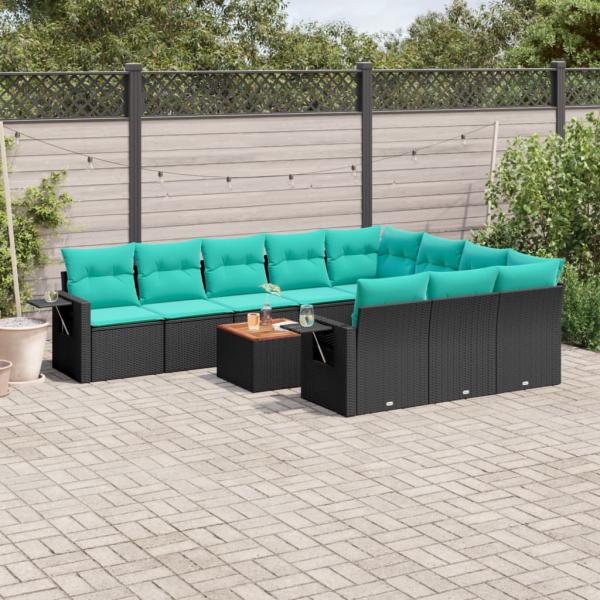 ARDEBO.de - 11-teiliges Gartensofa-Set mit Kissen, schwarzes Polyrattan