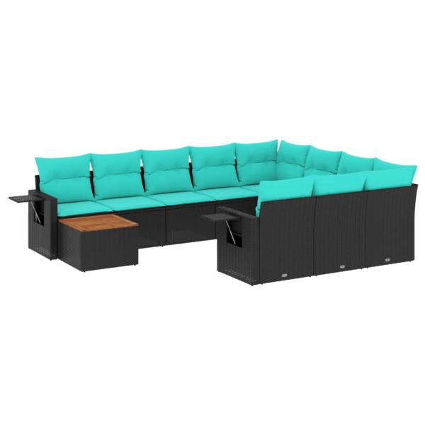 11-teiliges Gartensofa-Set mit Kissen, schwarzes Polyrattan