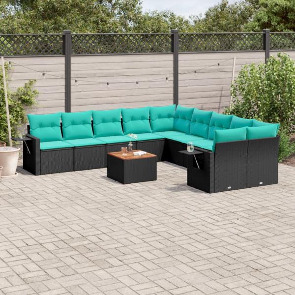 ARDEBO.de - 11-teiliges Gartensofa-Set mit Kissen, schwarzes Polyrattan