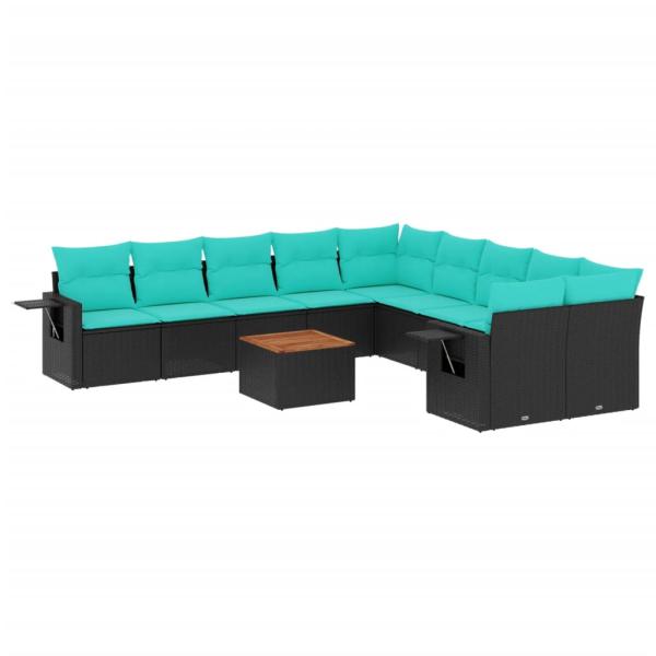 11-teiliges Gartensofa-Set mit Kissen, schwarzes Polyrattan