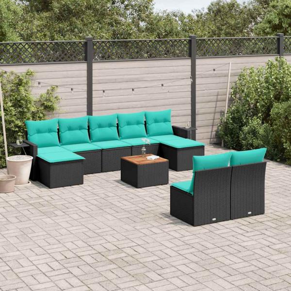 ARDEBO.de - 10-teiliges Gartensofa-Set mit Kissen, schwarzes Polyrattan
