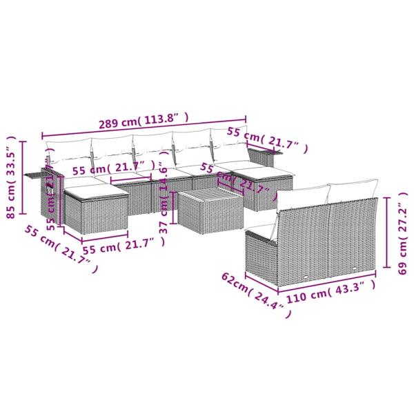 10-teiliges Gartensofa-Set mit Kissen, schwarzes Polyrattan