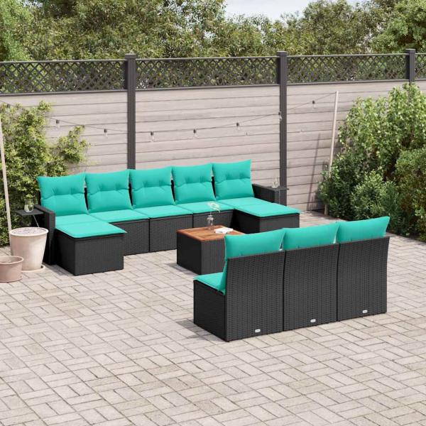 ARDEBO.de - 11-teiliges Gartensofa-Set mit Kissen, schwarzes Polyrattan